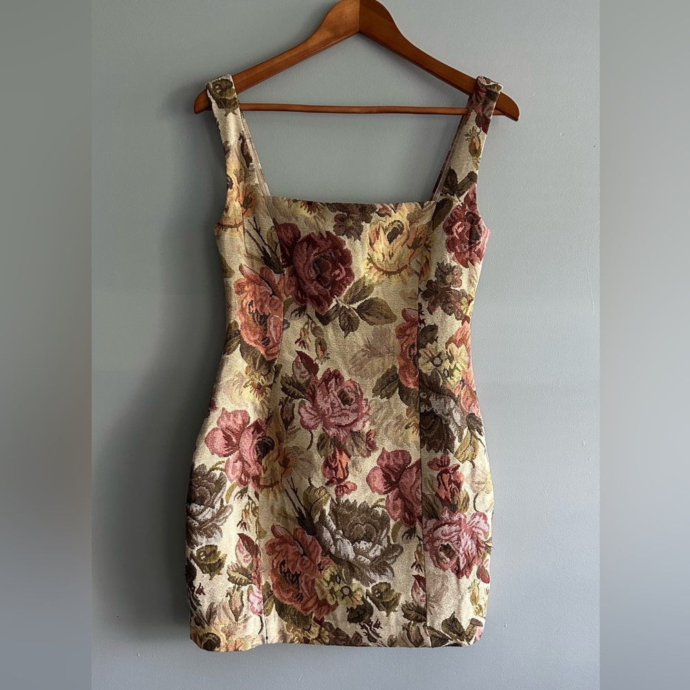 Floral Tapestry Mini Dress in Cream and Rose